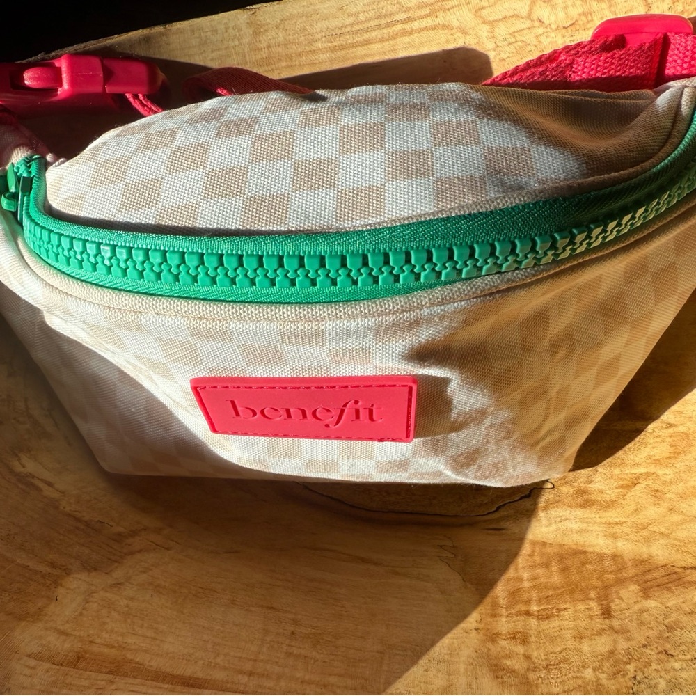 Benefit Beige Checkered Bag with Green and Pink Accents